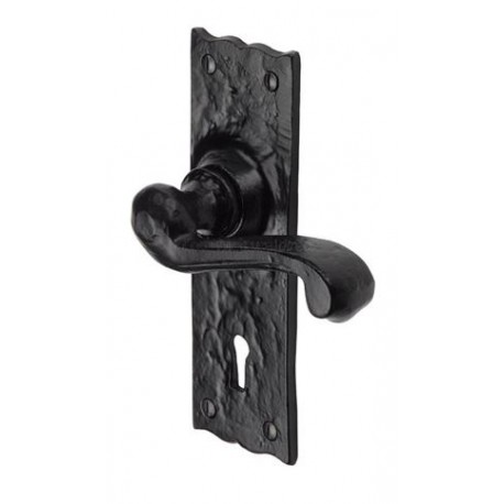 Trent Scroll Lever Handle On Lock Backplate Black Antique