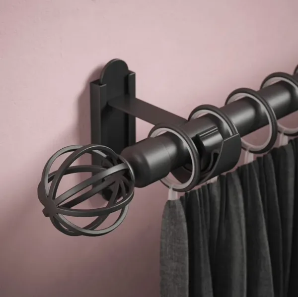 Rothley 1219mm Curtain Pole Kit Cage Orb Finial 2 Brackets Curtain Rings Matt Black